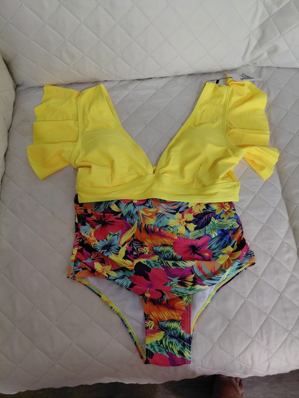 SporLike Two-Piece Yellow Ruffle Sleeve Tropical Print High Waist Bottom S NWT